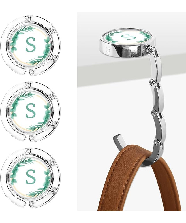 Iqimott 3pcs Personalized Initial Foldable Purse Hook for Table, Flower Letter Folding Handbag Hanger Portable Magnet Table Hook Holder, Collection Desk Purse Hooks for Women Bag (Green-S)