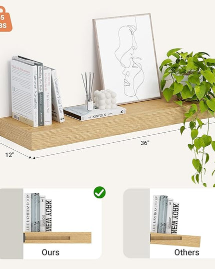 Heimlove 12" Deep Floating Shelves, 36 x 12 Inch Wall Mounted Long Floating Shelf with Invisible Brackets, for Home Decor, Bedroom, Kitchen, Living Room, Bathroom - 1 Pack, Oak