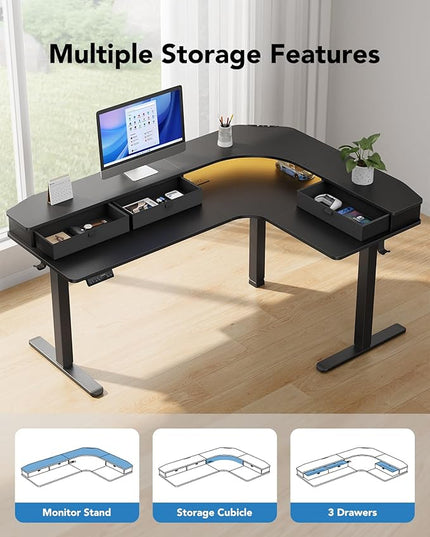 HUANUO 65″ L-Shaped Standing Desk with Power Outlets & LED Strip, Electric Height Adjustable Corner Computer Desk, Sit Stand Up Desk with 3 Drawers, Black