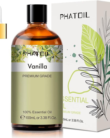 PHATOIL 100ML Vanilla Essential Oil, Huge 3.38fl.oz Bottle Vanilla Oil, Pure Aromatherapy Essential Oils for Diffuser, Humidifier, Scented Oils for Soap, Candle Making