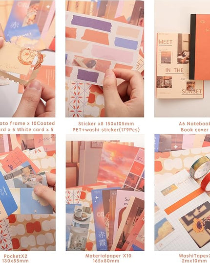 emmoolife 348 Pcs Scrapbooking Supplies Kit, Vintage Aesthetic Scrapbook Kit for Bullet Junk Journal, Stationery, A6 Grid Notebook, DIY Journaling Supplies, Birthday Craft Gift for Teen Girl Women