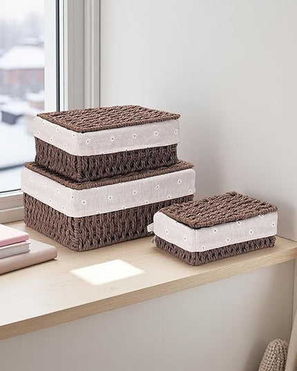 GIB Wicker Woven Storage Baskets with Lids Set of 3 Size, Decorative Paper Rope Small Nesting Baskets Removable Liner Container Bins for Shelves Pantry Table Keys Gifts Makeup Organizer, Brown