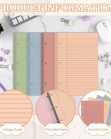 100 Sheets Half Letter Lined Paper 5.5 X 8.5 In Colored Notebook Paper College Ruled Loose Leaf Paper 3 Hole Punched Half Mini Binder Inserts Fit 3 Ring Binder for School Office