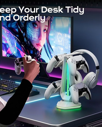 Saitake RGB Controller Stand with 9 Light Modes,Controller Holder with 2 USB Ports,Headset Stand for Desk-Headphone Holder Suitable for All Headphones and Controller (White)
