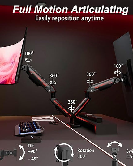 Dual Monitor Arm for 17-35" Screens up to 24.2 lbs, Ergonomic Gas Spring Monitor Stand with Height Adjust, Tilt, Swivel & Cable Management, VESA Desk Mount with 2 Types of Installation, Black