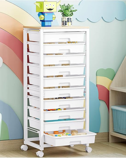 Rolling Cart with Drawers,10 Drawer Rolling Cart,Rolling storage cart with drawers,White Rolling Drawer Cart,Teacher Rolling Cart for Classroom Storage,Craft Cart with Wooden Tabletop