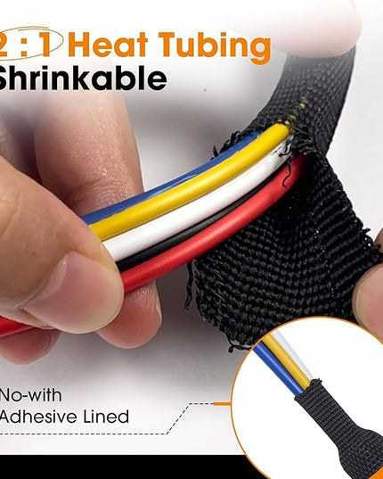 SUNNAREPOON Black 2:1 Ratio Automotive Heat Shrink Braided Sleeving,Wear-Resistant Flat Woven Shrinkable Sleeve Fabric Car Cable Wires Hoses Protection (1/2"-12ft)