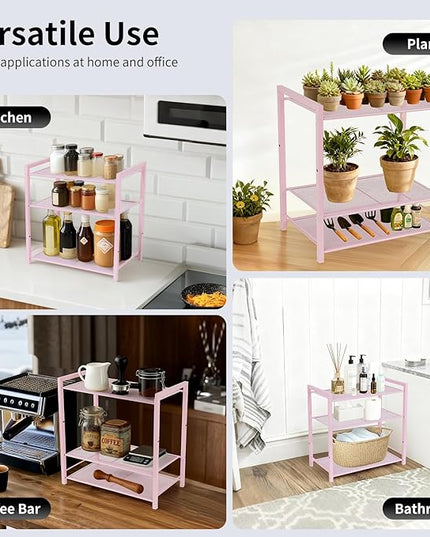 Desktop Shelf Organizer, 3-Tier Office Storage Rack, Adjustable Metal Bookshelf for Top of Desk, Pink Desk Organizer for Office, Home, Dorm and Small Spaces (Pink)
