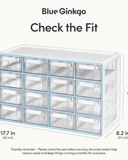 Blue Ginkgo Medium 16-Drawer Cabinet – Stackable Clear Organizer for Hardware, Beads, Plastic Bricks, Office, and Craft Storage (Made in Korea, Blue)