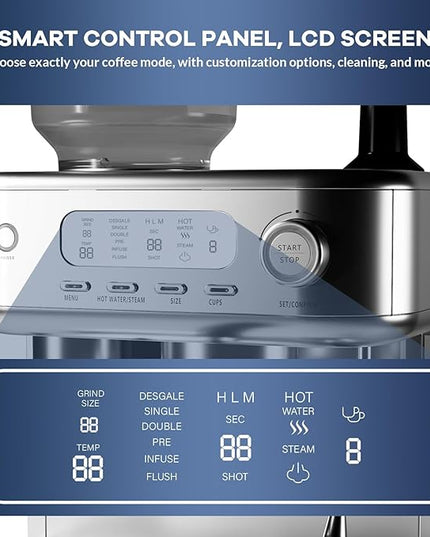 IDEALHOUSE Espresso Maker with Grinder,Milk Frother, 15 Bar Pump, 15 Grind Settings, Digital Display, High Power Milk Frother, Digital LCD Screen, Stainless Steel Coffee Maker for Home and Office