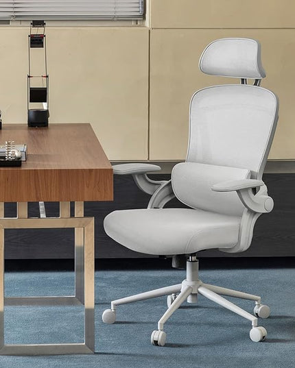 Nouhaus Ergo Fit Ergonomic Mesh Office Chair High Back Adjustable Lumbar Support Headrest and Adjustable Flip-up Armrests, Comfy Desk Chairs Swivel Computer Gaming Chair Tilt Function(N20, White)
