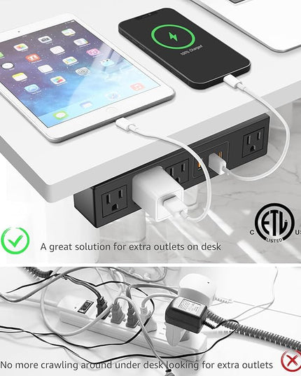 HHSOET Under Desk Power Strip with 3M Adhesive, Removable Under Desktop Mount Plug with 30W Fast Charging USB C and USB A Ports, 4 Outlet Under Table Surge Protector 1200J, 6FT Extension Cord. (Black)