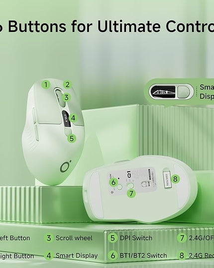 EWEADN Q1 Wireless Mouse, BT & 2.4G Silent Mouse Quiet Click with 1600 DPI Levels, Battery & DPI LED Screen Display, 6 Button Small Portable Bluetooth Mouse for Laptop/PC/Mac-Green
