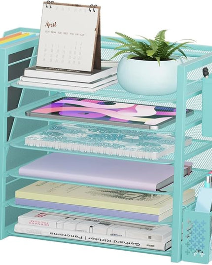 Simple Trending 6 Tier Desk File Organizer, Paper Letter Tray Organizer with File Holder and Pen Container, Blue