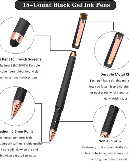 Linbsunne Black Gel Pens 0.7mm Medium Point Pen Office Pens 2-in-1 Stylus Pens for Touch Screens Gel Ink Rollerball Pens for Writing (18 Pack-grey)