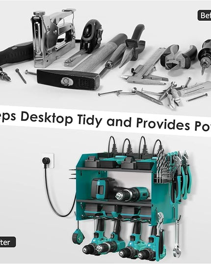 CCCEI Modular Power Tool Organizer Wall Mount with Charging Station. Garage Drill Storage Shelf with Hooks, Heavy Duty Rack, Tool Battery Holder Built in 8 Outlet. Gift for Men. Navy Blue, 2 Pack.