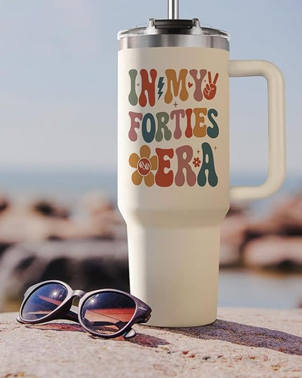 Shqiueos 40th Birthday Gifts for Women 40oz Tumbler with Handle and Straw Lid, 40 Year Old Gifts for Her, Mom, Friend, Sister, Daughter, 40s Birthday Decoration-In My Forties Era Cup Water Bottle