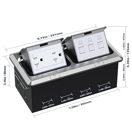 KYHSHJ Dual Pop-Up Floor Electrical Outlet Box Kit，20 Amp Stainless Steel TR Tamper-Resistant Duplex Receptacle，3-Port RJ45 Datacom Receptacle，Silver