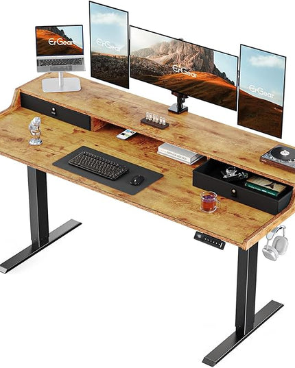 ErGear Electric Standing Desk with Drawers, 63″ x 28″ Gaming Table Compatible Monitor Stand, Stand up Desks, Home Office Height-Adjustable Desk with Storage Shelf, 4 Preset Heights, Vintage Brown