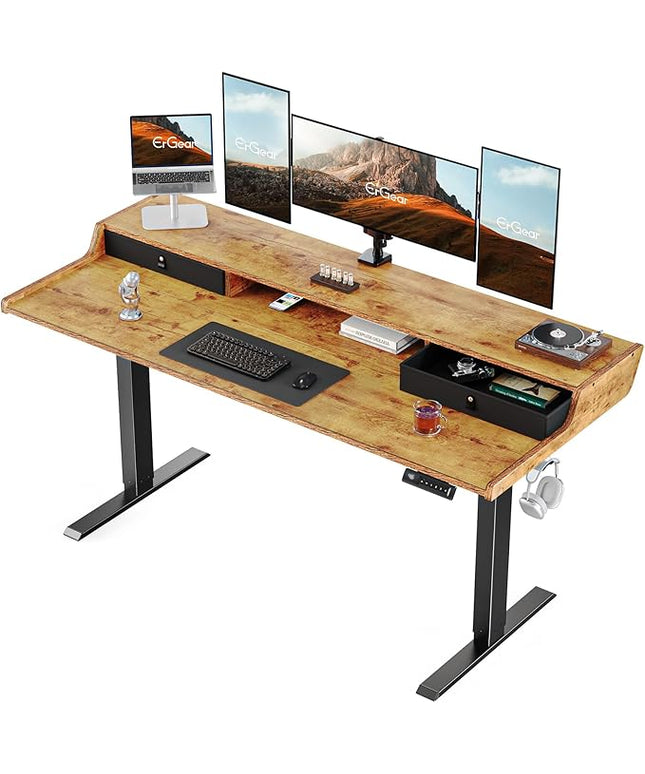 ErGear Electric Standing Desk with Drawers, 63″ x 28″ Gaming Table Compatible Monitor Stand, Stand up Desks, Home Office Height-Adjustable Desk with Storage Shelf, 4 Preset Heights, Vintage Brown