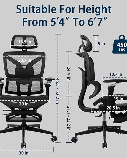 Big and Tall Ergonomic Office Chair with Footrest, 5D Adjustable Armrests, Lumbar Support, Mesh Reclining Swivel Chair for Home Office or Gaming, Adjustable Seat Depth, S3 Elite Pro Black