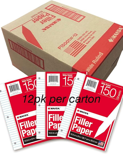 Kaisa loose Leaf Paper Filler Paper 150 Sheets 8"x10.5",Wide Ruled, 3-Hole Punched for 3-Ring Binders, Carton of 12pack