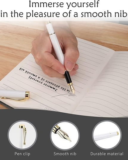 Tiankool Luxury Fountain Pen,Fine Nib, Exquisite Pen Gift Set for Men&Women-Includes 10 Ink Cartridges&Ink Converter- Nice Pens - White