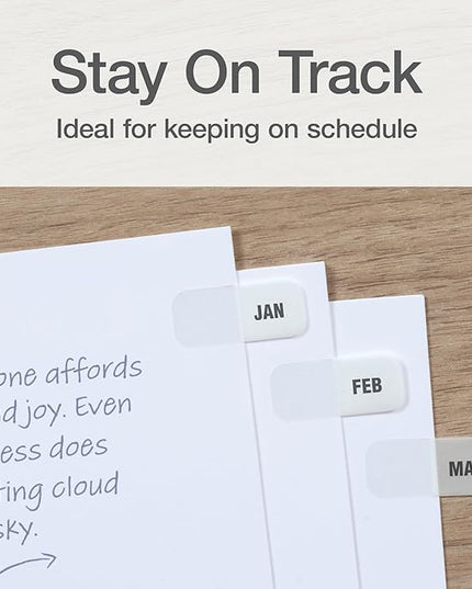 Redi-Tag Monthly Adhesive Tabs, Preprinted Tabs, 8 Sets of Jan-Dec Plus Bonus Blank Tabs, 7/17" x 1", Durable and Customizable Labels with Permanent Adhesive for Planners and Files, White (1006546)