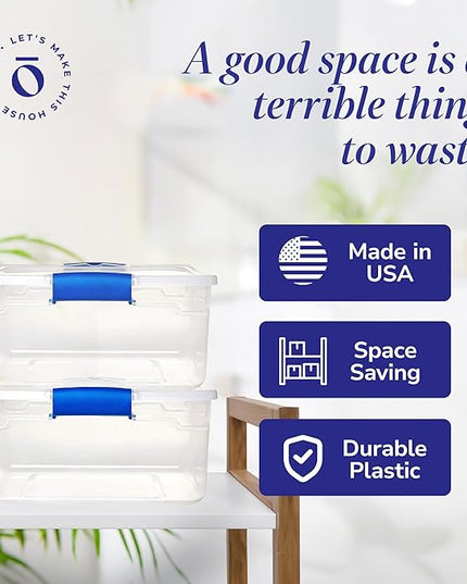 HOMZ 4-Pack Latching Lid, Small Clear Plastic Storage Bins w/ Lids, 15.5 Quart, Blue Latch - Stackable Container Boxes for Home, Bathroom, and Office Organization