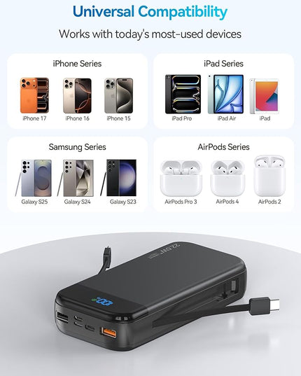 Portable Charger Power Bank Built-in Cables, 32000mAh 22.5W USB C Fast Charging, 5 Outputs 3 Inputs Travel Essentials Battery Pack Compatible with iPhone, iPad, Samsung, Google Pixel, Black