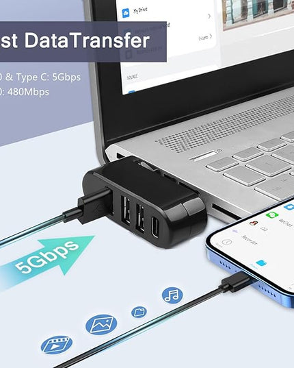 VIENON 4-Port USB C Hub [90°/180° Degree Rotatable], USB C Adapter Splitter with PD-in 5W Port, USB Extender for MacBook, iMac, Surface, and More C Port Laptop(Not for Car)