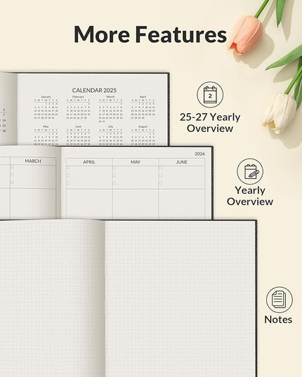 SUNEE 2026 Daily Planner A5 Hardcover – Hourly Schedule Organizer with Monthly Tabs & Task Tracker – Black Cover Time Management Notebook for Work, School, Personal Goals