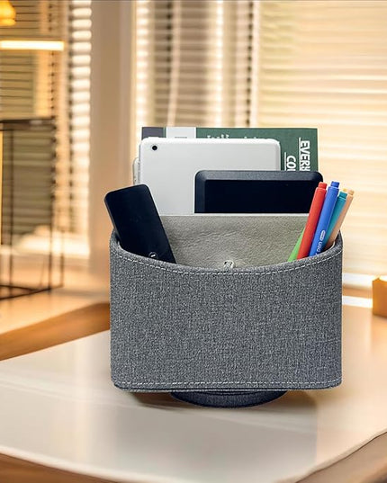 UnionBasic Rotating Desk Organizer, 360 Degree Desk Spinning Caddy, Desktop TV Guide/Mail/Media/Remote Controller Holder Organizer, Grey Linen Texture