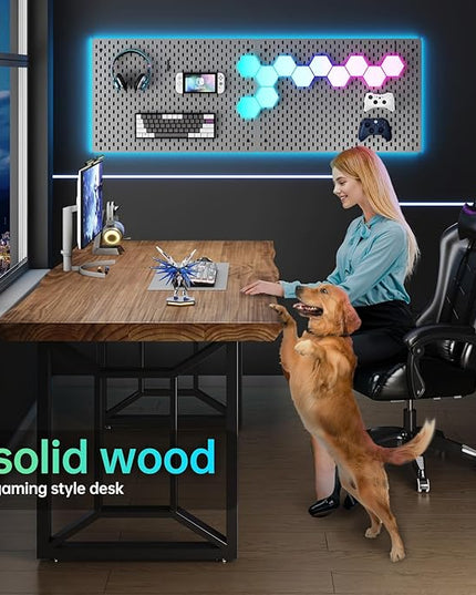 Solid Wood Computer Desk Study Office Desk 55" Writing, Modern Simple Style PC Table, Black Metal Frame, Solid Wood Planks 55" D x 27" W x 29" H for Home Office Bedroom,Rustic Brown