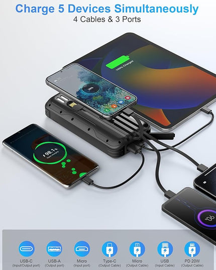Solar Charger Power Bank, PD 20W Fast Charging External Batter, 40000mAh Portable Phone Charger Built in 4 Cables with Dual Bright Flashlights for Camping, Hiking, and Outdoor Use (Black)