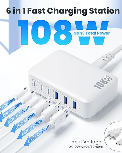 USB C Charger Block Charging Station,108W GaN III 6 Port 3xQC+3xPD Wall Charger Adapter Plug Cube,Super Fast Type C Charging Hub Box for iPhone 17 16 15 14 13 Pro Max iPad Samsung Pixel 5ft Cord-White