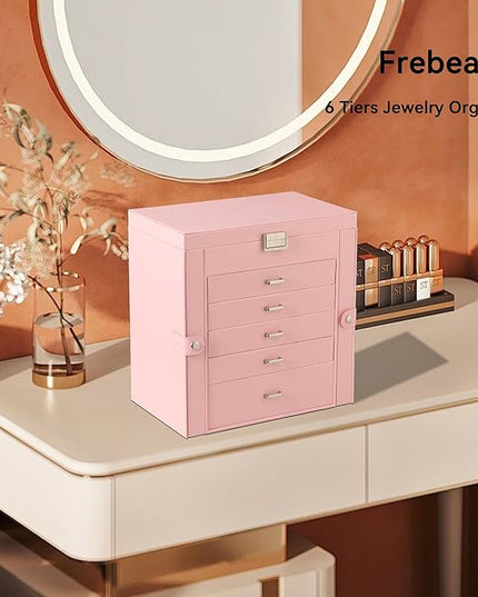 Frebeauty Large Jewelry Box,6-Tier PU Leather Jewelry Organizer,Multi-functional Storage Case with Mirror,Accessories Holder with 5 Drawers for Necklace Bracelets Watches(Pink)