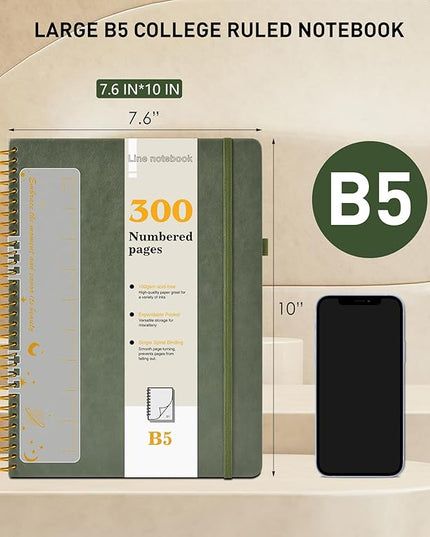 B5 Spiral Notebook Journal 7.6” x 10”, 300 Numbered Pages Hardcover Leather Journals for Women Men, Large Lined College Ruled Notebooks, 100GSM Thick Paper, Spiral Bound Journal for Work School, Green