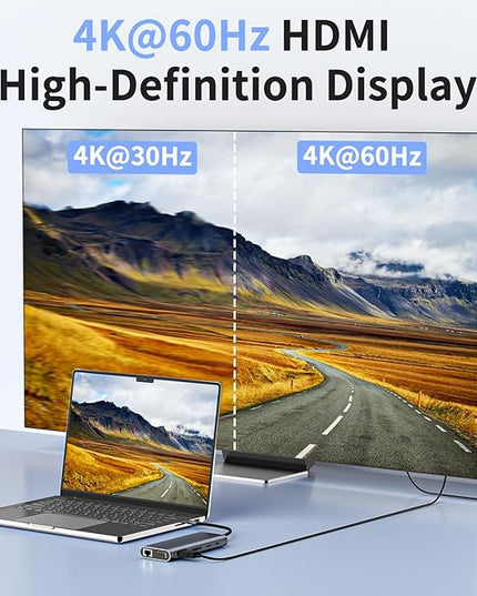Laptop Docking Station, 12-in-1 USB C Hub – Dual Monitor with 1x 4K@60Hz HDMI, VGA, 100W PD, Ethernet, 3× USB 3.0, USB-C Data Port, SD/TF Card Reader, Audio – Compatible with MacBook, Dell, HP, Lenovo