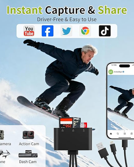 XD Card Reader for Olympus Fujifilm, 3-in-1 XD Picture Card Adapter with Lightning/USB-A/USB C for iPhone 17/16/15/14/13/12 iPad Android PC, Memory Cards Reader for SD/TF/XD Cards and Digital Cameras