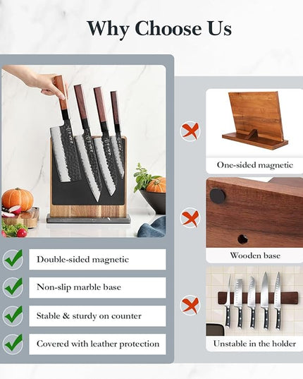 HEZHEN Double-sided Magnetic Knife Holder without Knives, Acacia Wood Knife Block with Leather Cover, Space-saving Knife Storage, Strong Enhanced Magnets Strip, Non-slip Marble Base