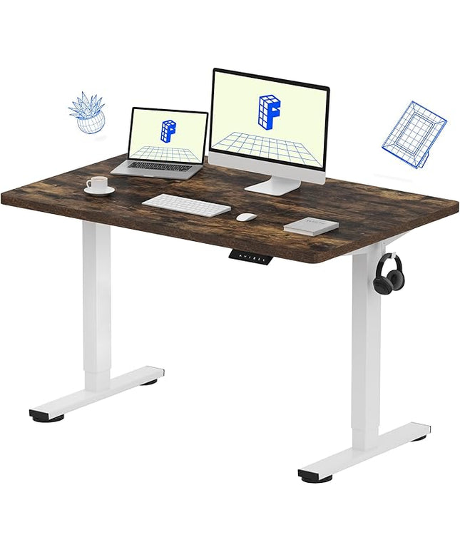 FLEXISPOT EN1 One-Piece Standing Desk, 48 x 30 Inches Electric Height Adjustable Desk for Home Office and Workstation (White Frame + Rustic Brown Top, 2 Packages)