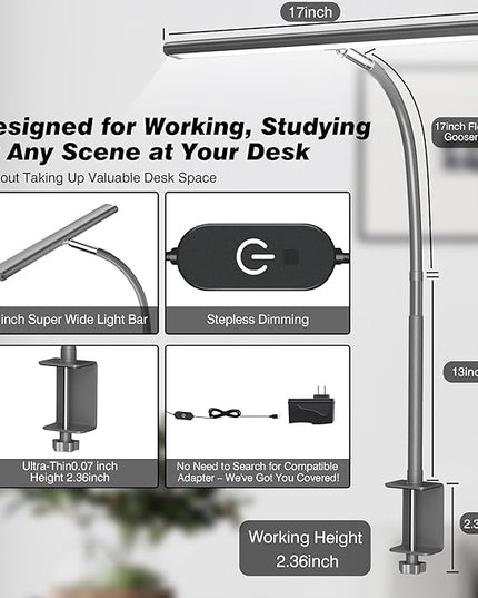LED Desk Lamp for Office Home, Eye-Caring Desk Light with Stepless Dimming Adjustable Flexible Gooseneck, 10W USB Adapter Desk Lamp with Clamp for Reading, Study, Workbench (Grey)