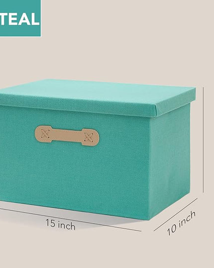 Enzk&Unity Decorative Storage Bins with Lids, Fabric Linen Foldable Storage Box with Handle Home Organizer for Shelf, Closet, Bedroom, Living Room, Office, 3 Packs, Teal