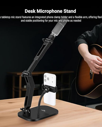 NEEWER Desk Microphone Stand with Phone Clamp & Flexible Arm, Adjustable Table Top Mic Holder Mount with 1/4" to 5/8" Screw Adapter Compatible with Blue Yeti Razer Seiren Mini, Max Load 3.3 lbs, MS022