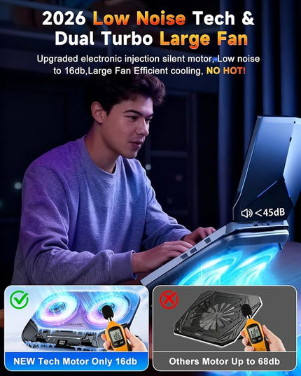 2026 Upgraded Laptop Cooling Pad with Dual TEC Cooler, Gaming Laptop Cooler, 2 Powerful Turbo Fans, Fast Cooling Laptop 12-21in, 5 Height Stands, 100 Gear Speed Adjust, LCD Screen, RGB, Phone Holder