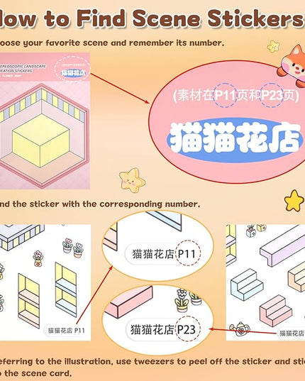 ASTARON 20 Sets DIY 3D Sticker Scene Book Sticker Therapy for Adults, Make Your Own Mini Cozy Shop House Room Stickers Cute Cartoon Miniature Stickers Relief Stress Pass The Time