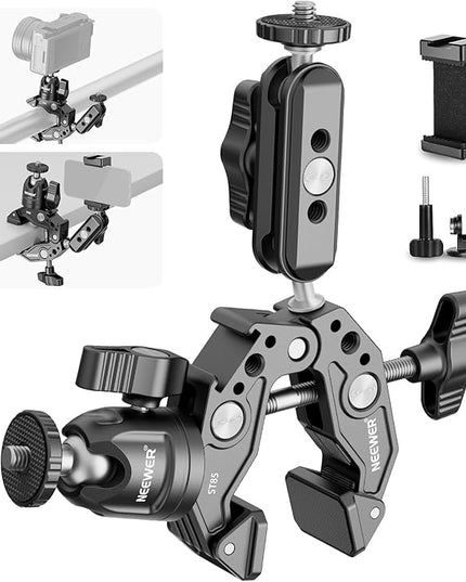 NEEWER Super Clamp with 3" Dual Ballhead Magic Arm, Ball Head Adapter, Cold Shoe, Phone Holder, Action Camera Clamp Mount for Flat/Round Surface Compatible with GoPro DJI iPhone 15 Pro Max, ST85