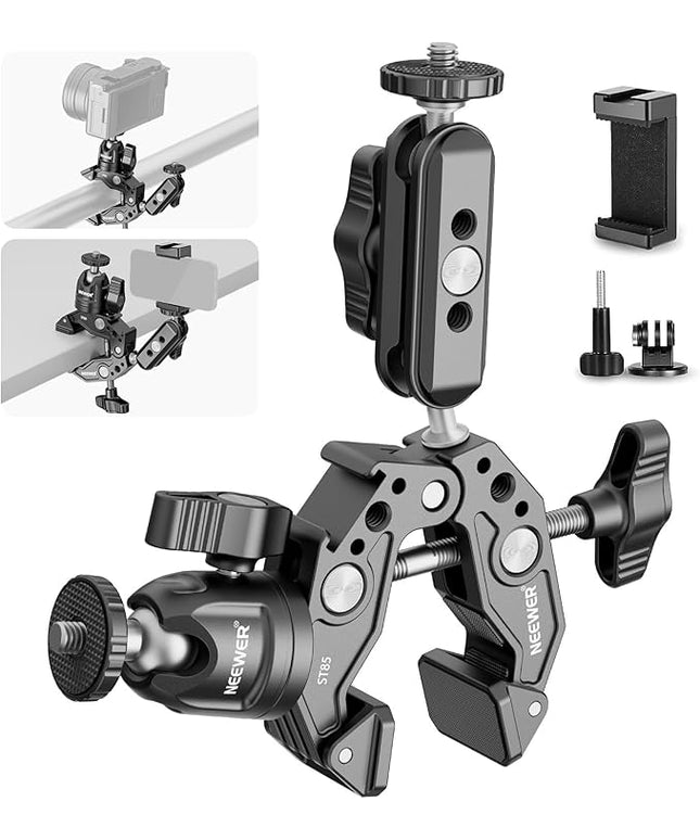 NEEWER Super Clamp with 3" Dual Ballhead Magic Arm, Ball Head Adapter, Cold Shoe, Phone Holder, Action Camera Clamp Mount for Flat/Round Surface Compatible with GoPro DJI iPhone 15 Pro Max, ST85