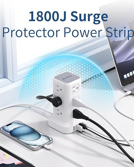 Surge Protector Power Strip 6.5 FT Cord, Power Strip Tower with 4 USB Ports (1USB C), Extension Cord with 12 AC Multiple Outlets, Home Office Supplies Desk Accessories, Dorm Room Essentials